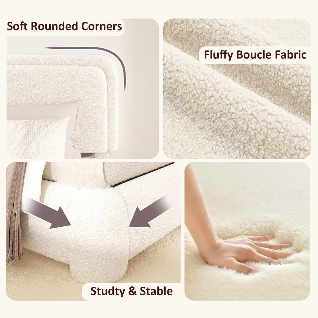 Fluffy Boucle Platform Bed Frame with Height Adjustable Headboard