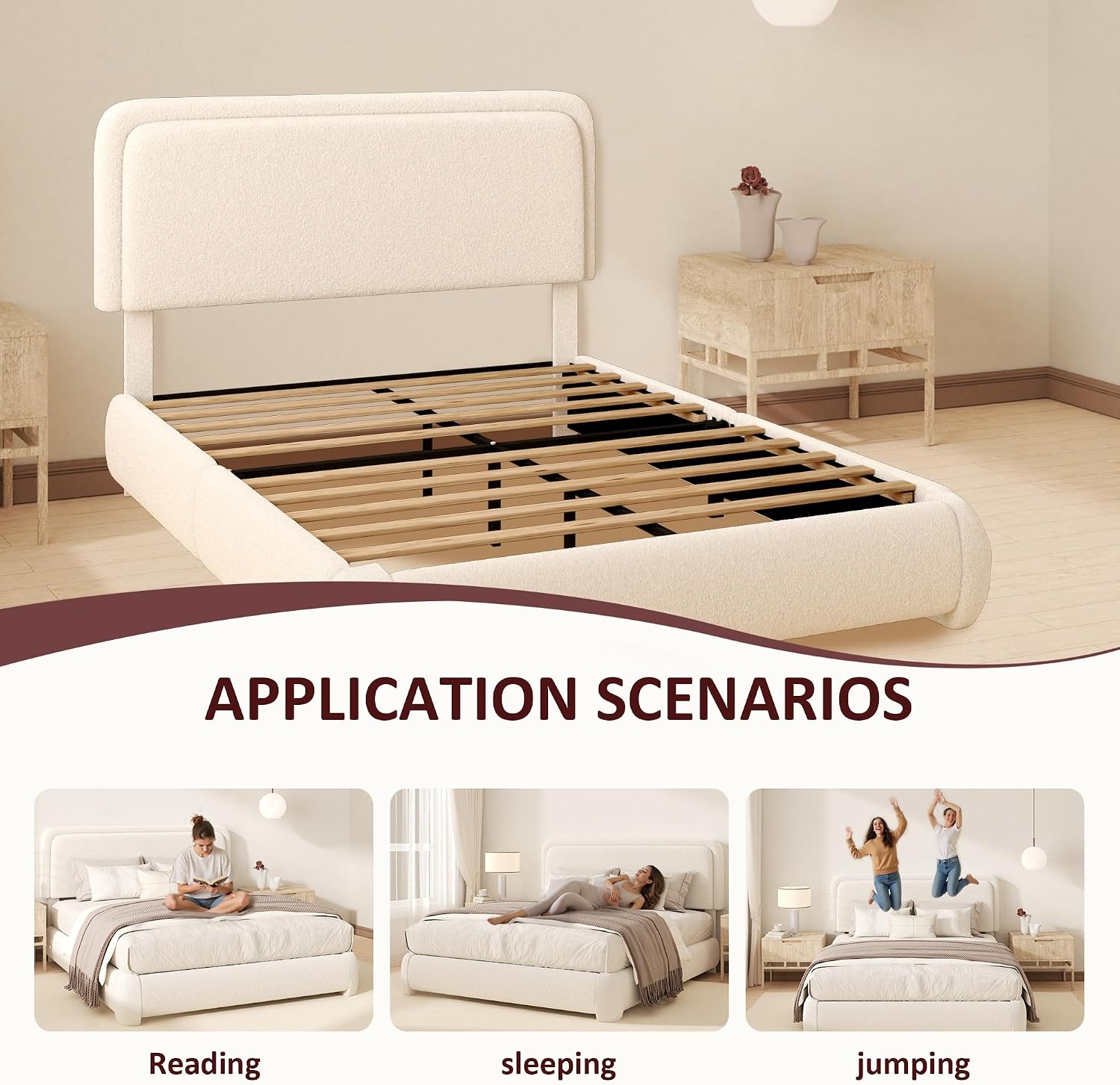 Fluffy Boucle Platform Bed Frame with Height Adjustable Headboard