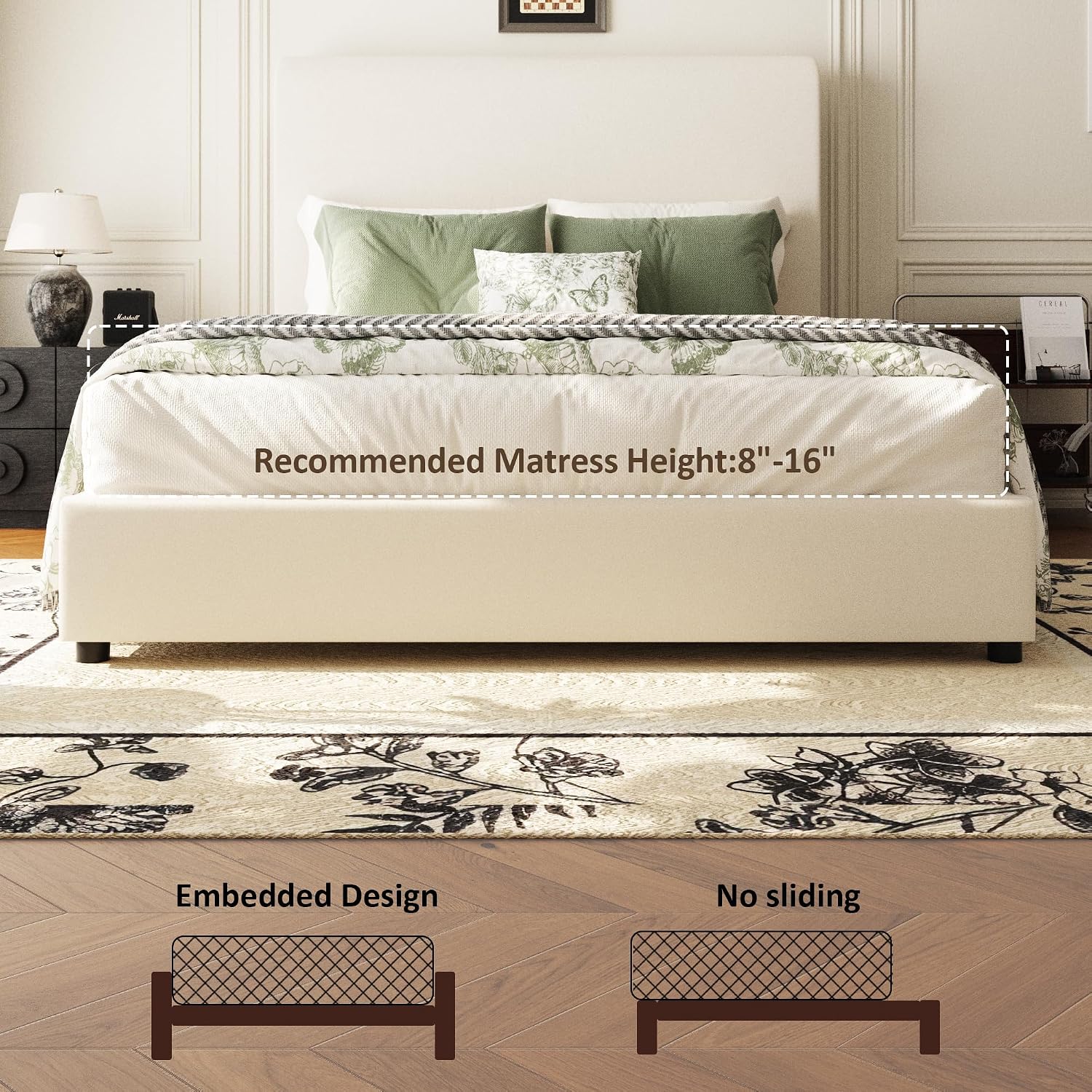 55" Tall Upholstered Wingback Platform Bed Frame