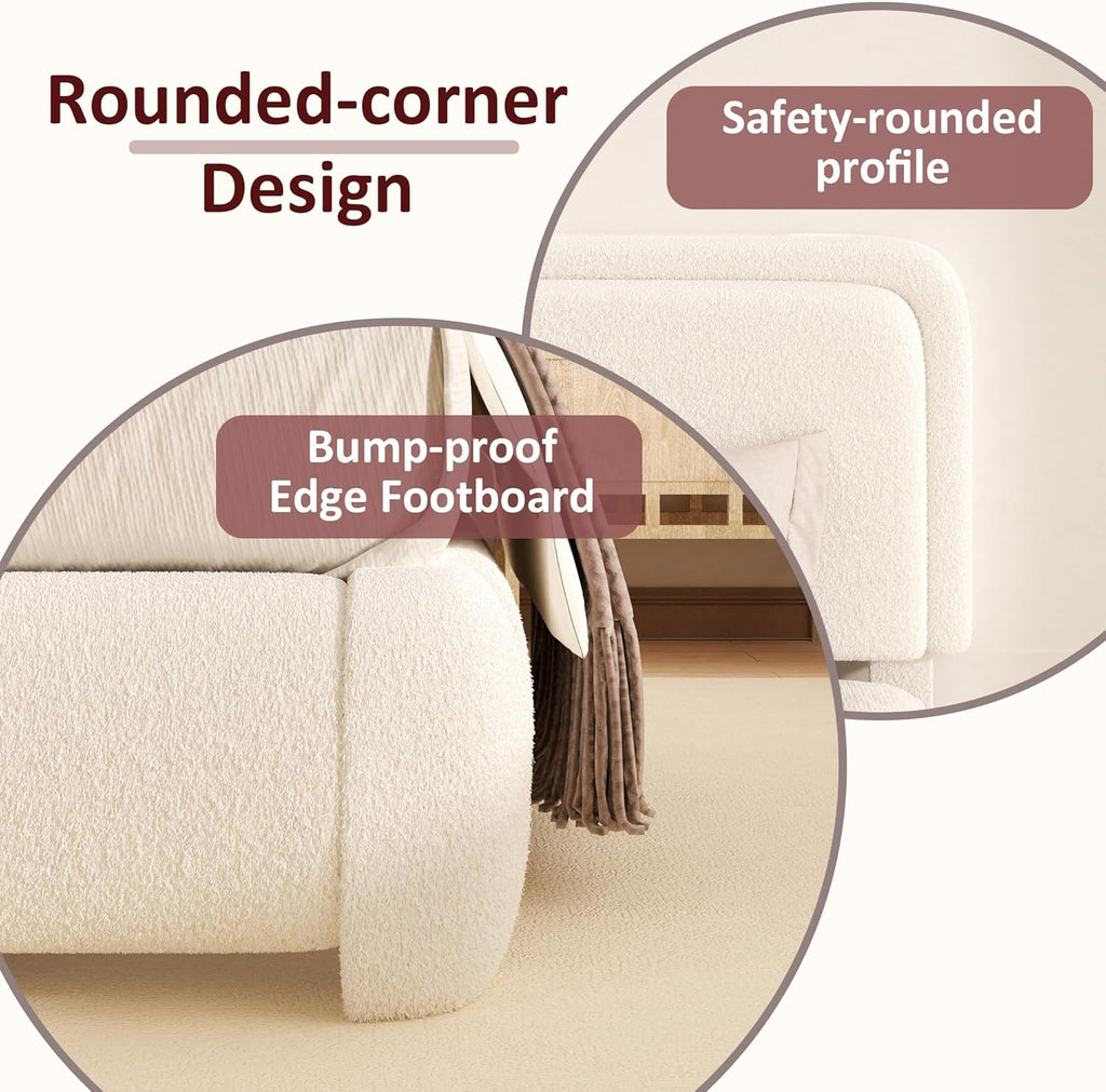 Fluffy Boucle Platform Bed Frame with Height Adjustable Headboard