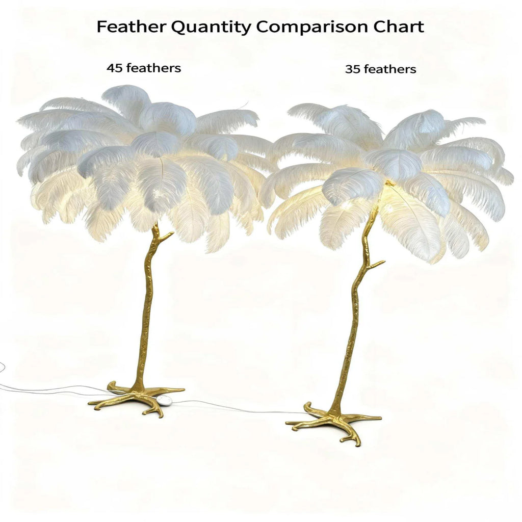 Ostrich Feather & Golden Branch Statement Lamp- White