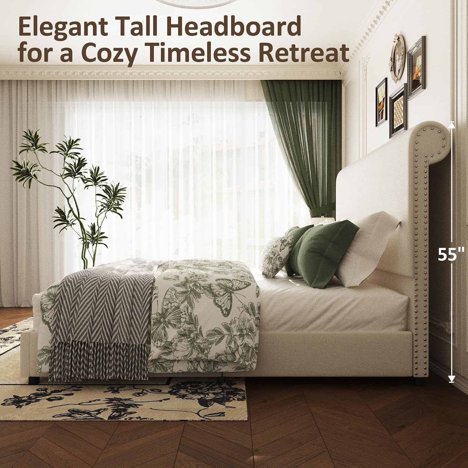 55" Tall Upholstered Wingback Platform Bed Frame