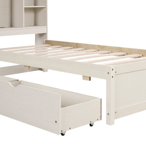 Twin Platform Bed Frame with Storage Headboard, USB Port & Drawers