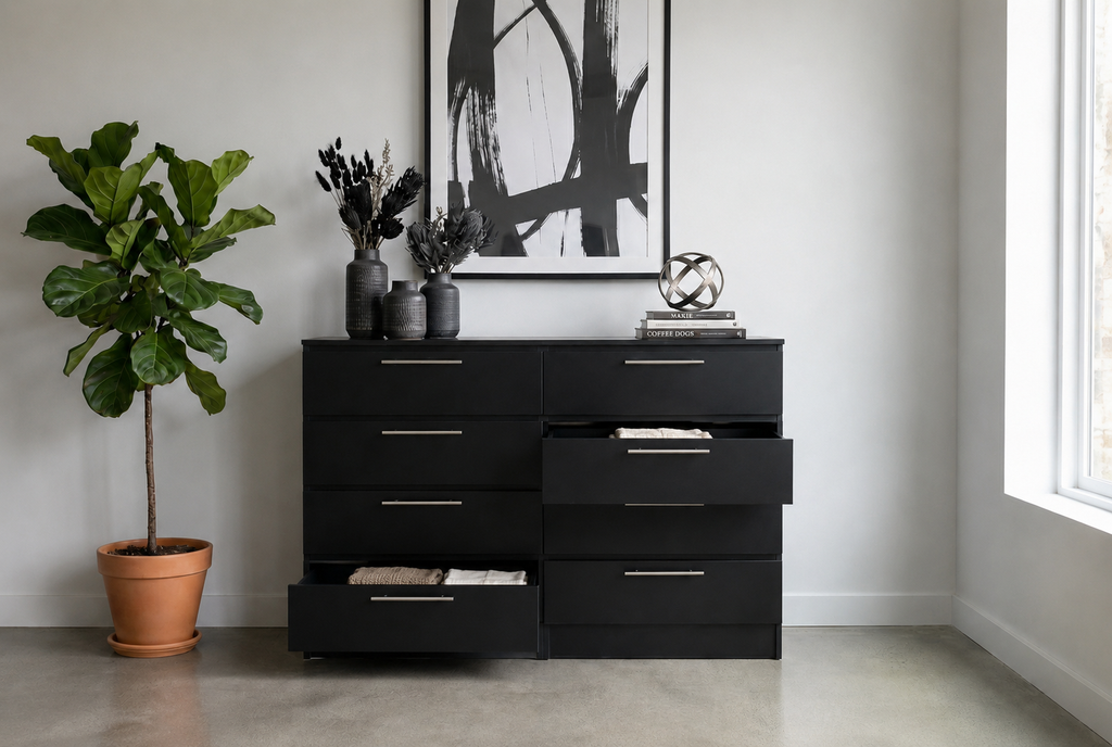 Tokyo Modern 8-Drawer Double Dresser with Chrome Handles- Black