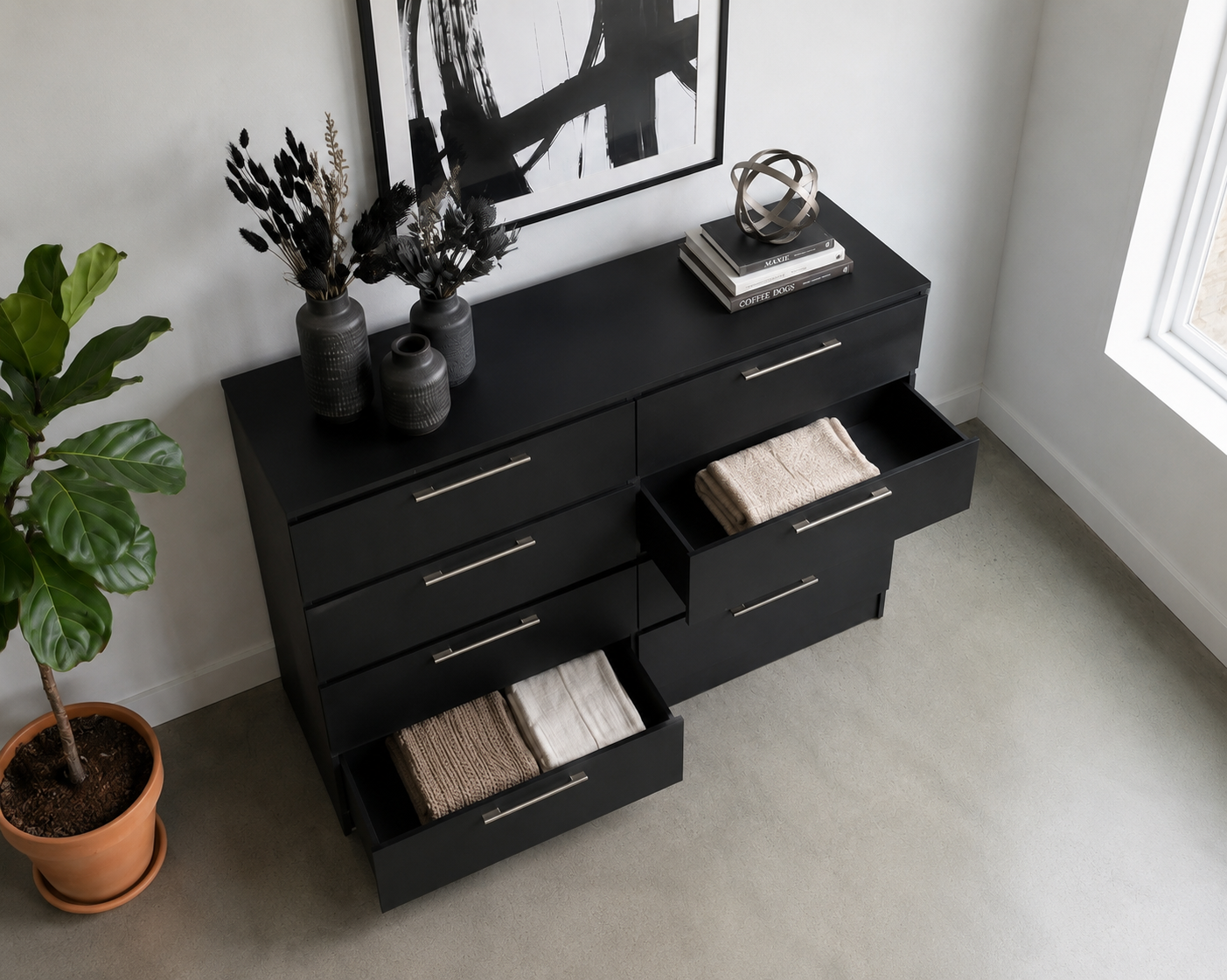 Tokyo Modern 8-Drawer Double Dresser with Chrome Handles- Black