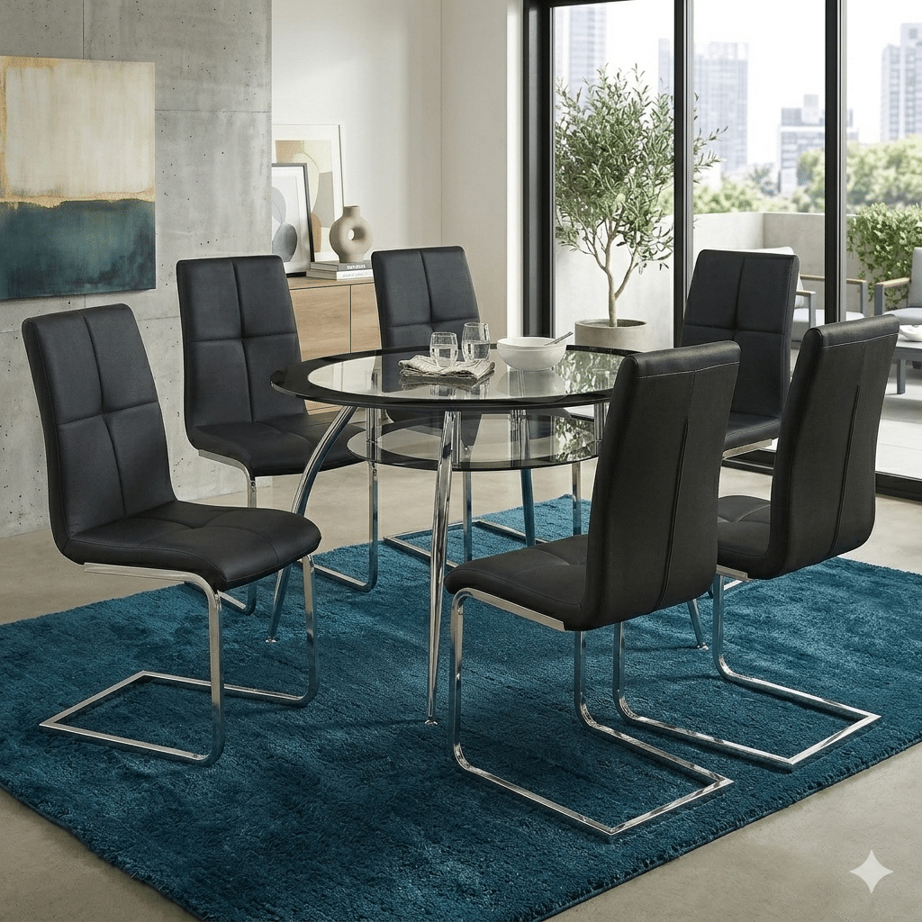 7-Piece Modern Black Oval Glass Dining Set – Large Table with 6 Chairs