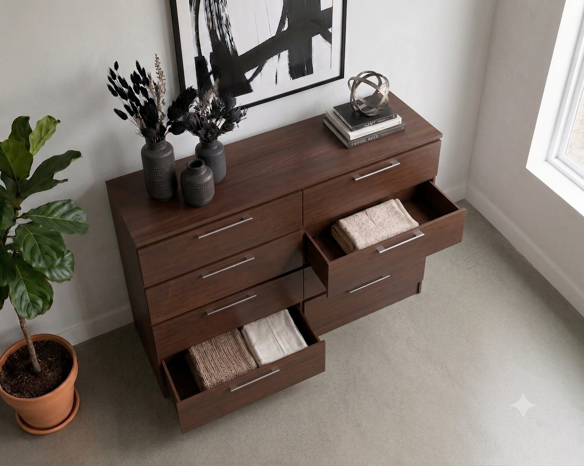 Tokyo Modern 8-Drawer Double Dresser with Chrome Handles- Cappuccino