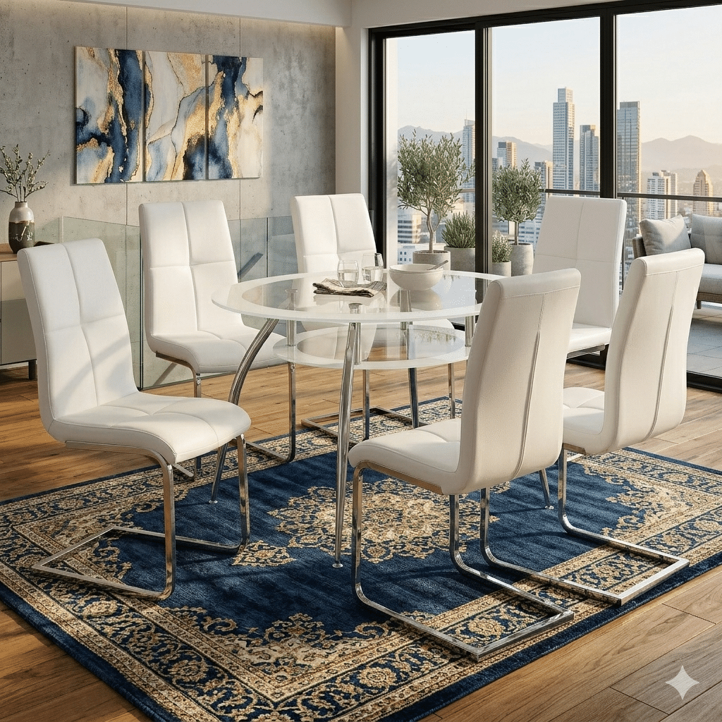 7-Piece Modern White Oval Glass Dining Set – Large Dining Table with 6 Chairs