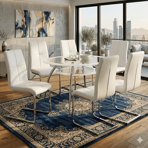 7-Piece Modern White Oval Glass Dining Set – Large Dining Table with 6 Chairs
