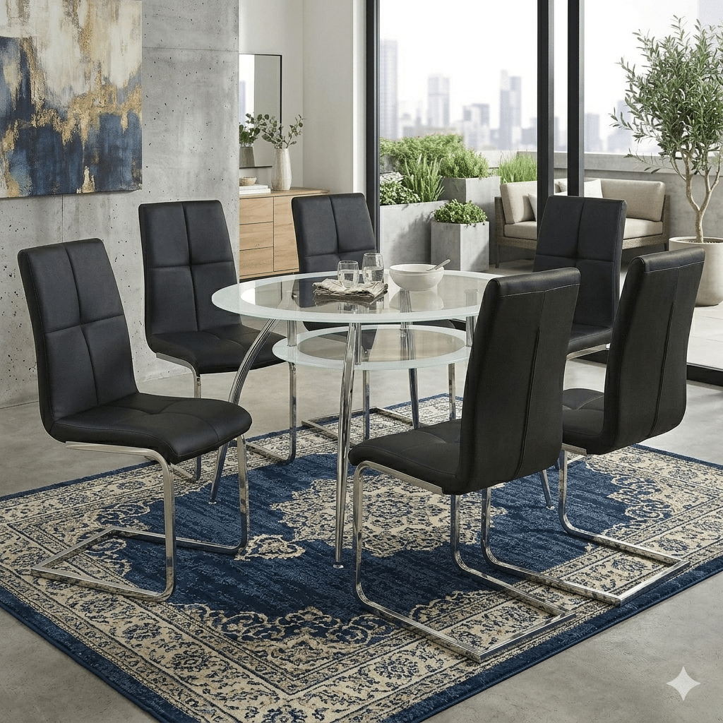 7-Piece Modern White Oval Glass Dining Set – Large Dining Table with 6 Chairs