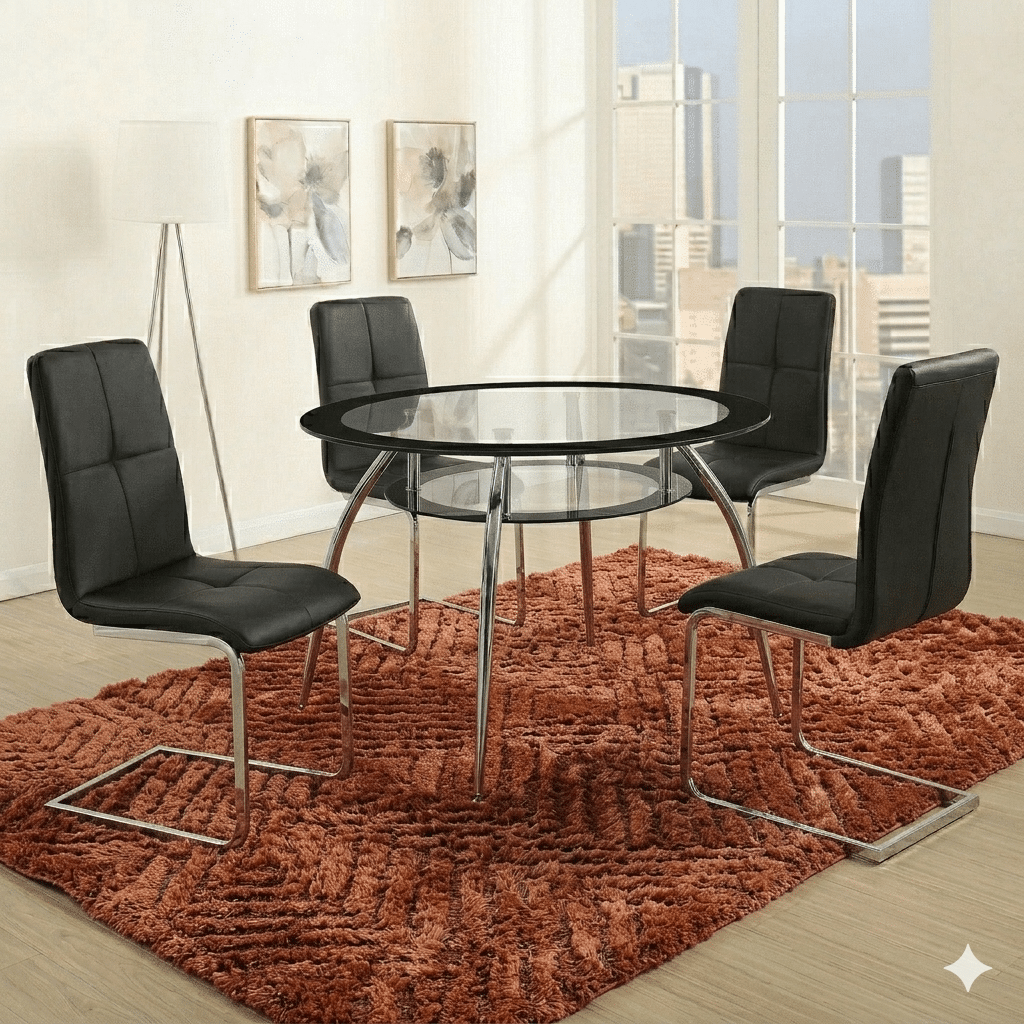 Modern Black Oval Glass Dining Table Set – 5 Piece Dining Set with 4 White Chairs