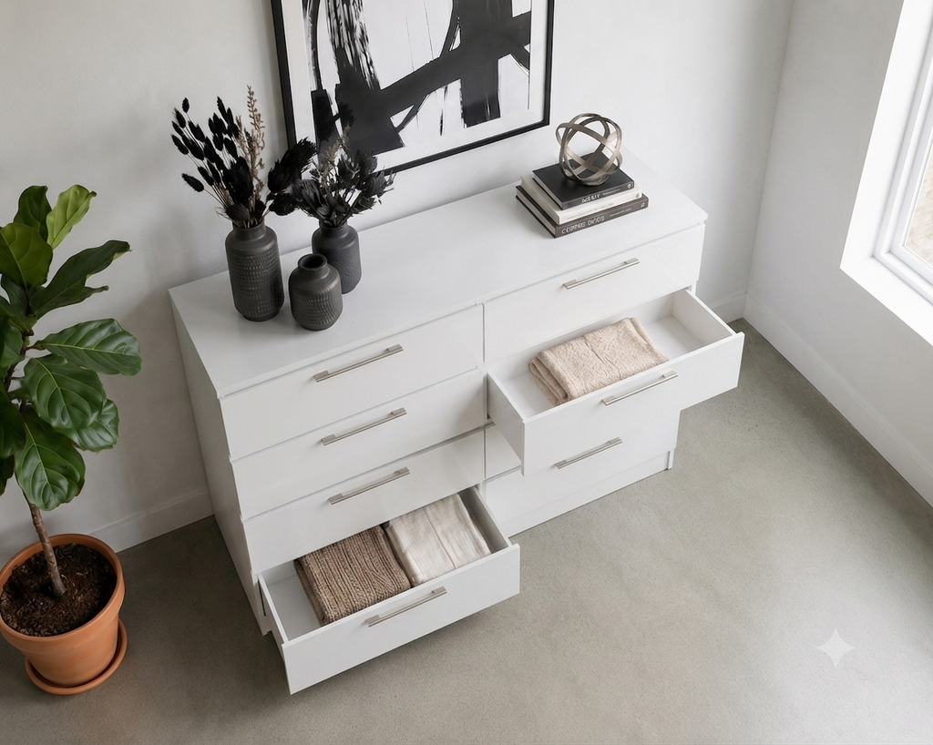 Tokyo Modern 8-Drawer Double Dresser with Chrome Handles- White