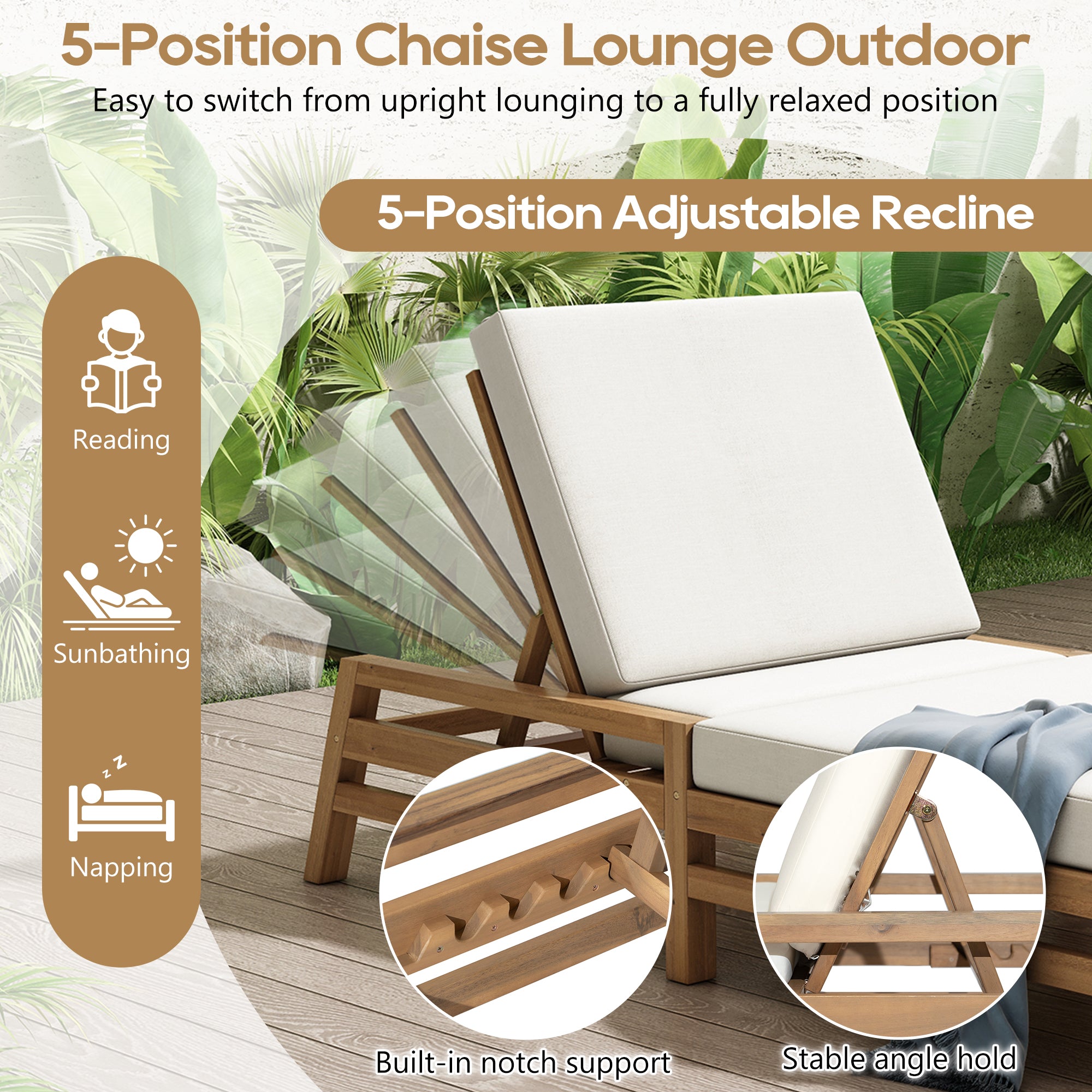 Adjustable Acacia Wood Outdoor Lounge Chair with Cushion