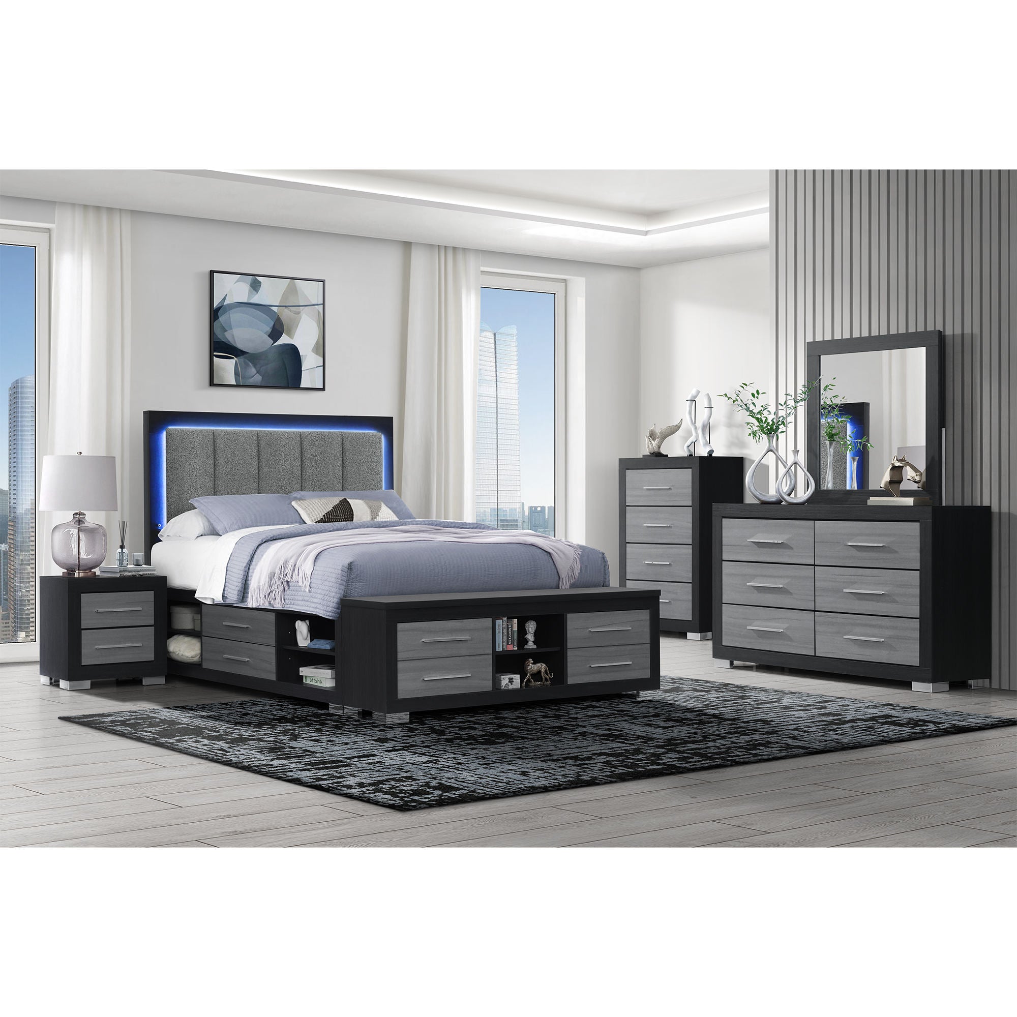 Modern Black & Grey Nightstands – Set of 2 Bedside Tables