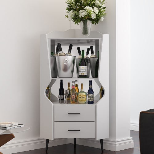 Modern Corner Bar Cabinet with Shelves & Storage Drawers