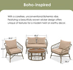 Boho-Inspired 4-Piece Outdoor Wicker Patio Set with Cushions and Coffee Table