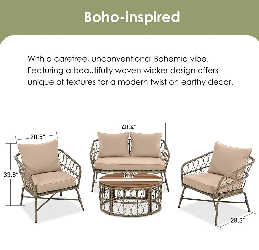 Boho-Inspired 4-Piece Outdoor Wicker Patio Set with Cushions and Coffee Table