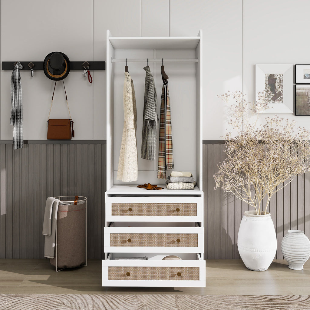 Modern White Solid Wood Wardrobe Cabinet with Drawer and Hanging Rod