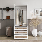 Modern White Solid Wood Wardrobe Cabinet with Drawer and Hanging Rod