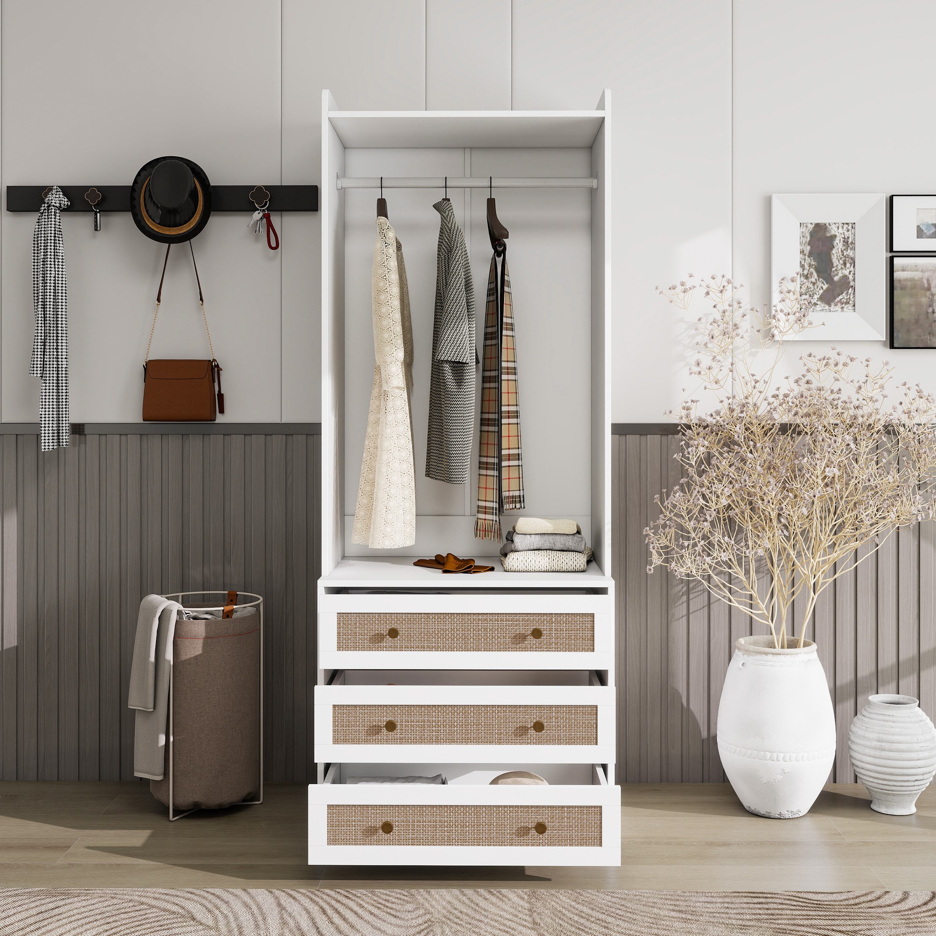 Modern White Solid Wood Wardrobe Cabinet with Drawer and Hanging Rod