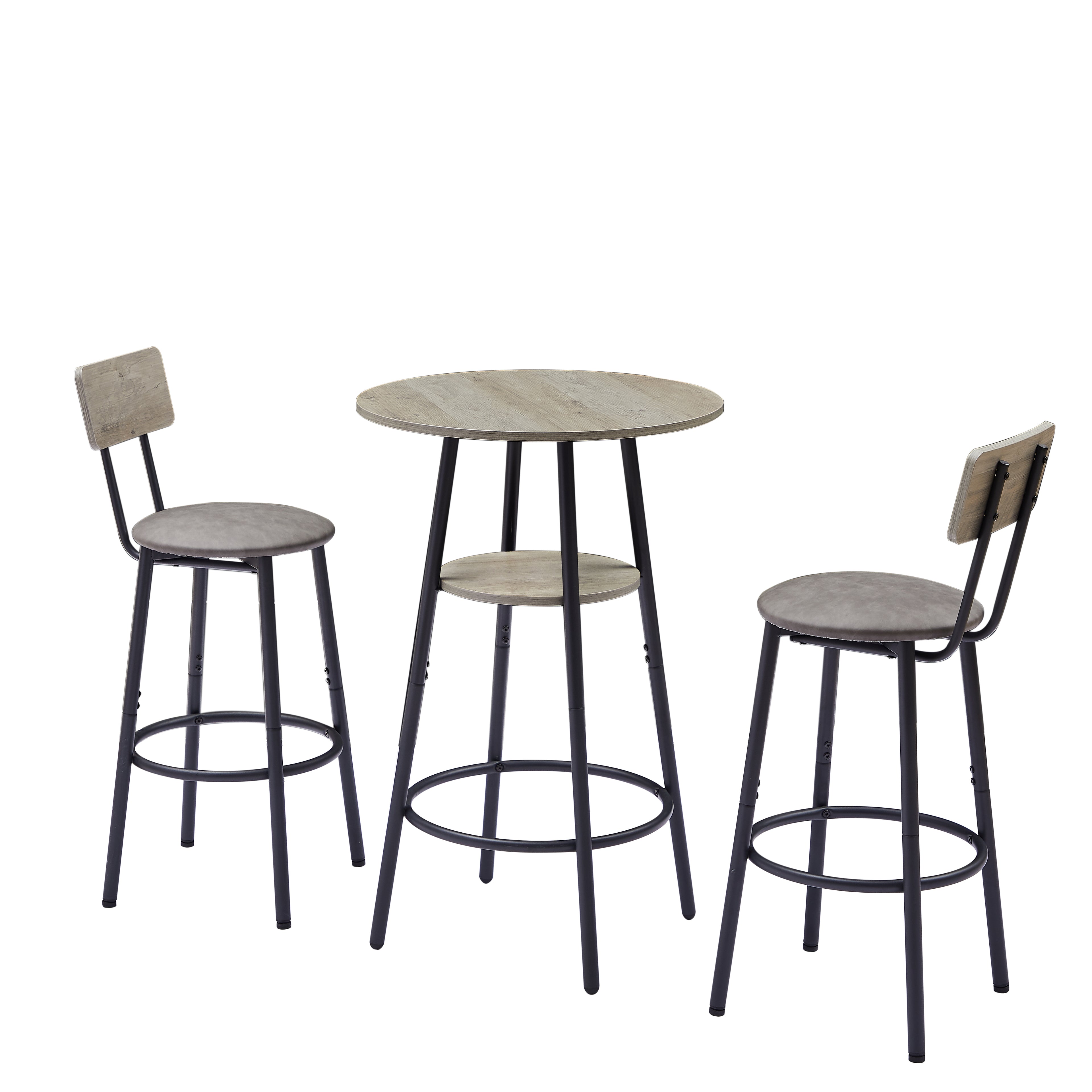 3-Piece Rustic Bar Table Set with 2 Stools – Round Pub Table with Storage Shelf