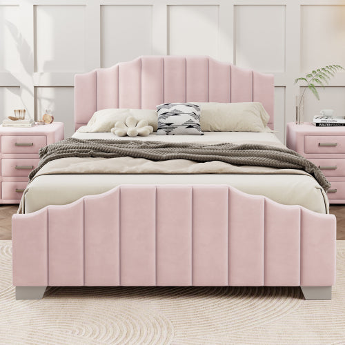 Luxury Pink Velvet Bed Frame with Channel Tufted Headboard