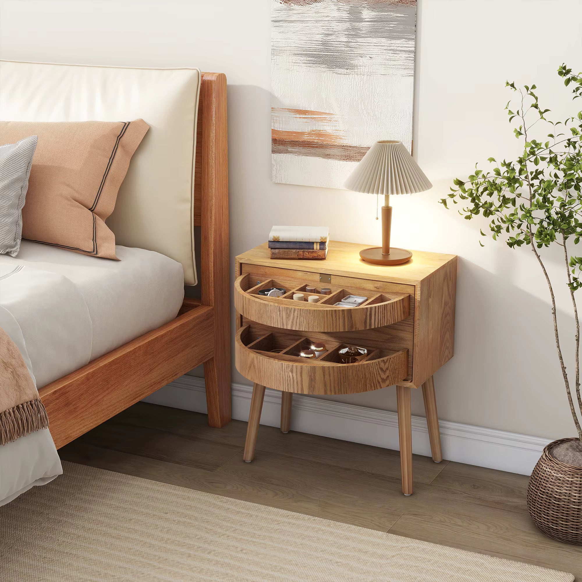Natural Modern Wood Nightstand with Hidden Storage – Rotating Compartment Side Table (2)