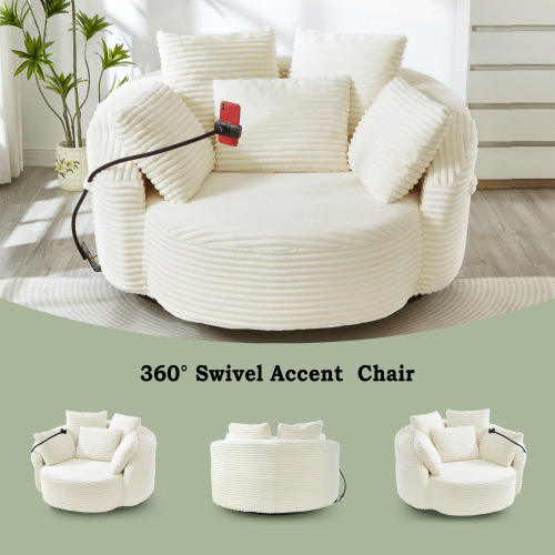 360° Swivel Corduroy Barrel Chair with Phone Holder & 5 Pillows