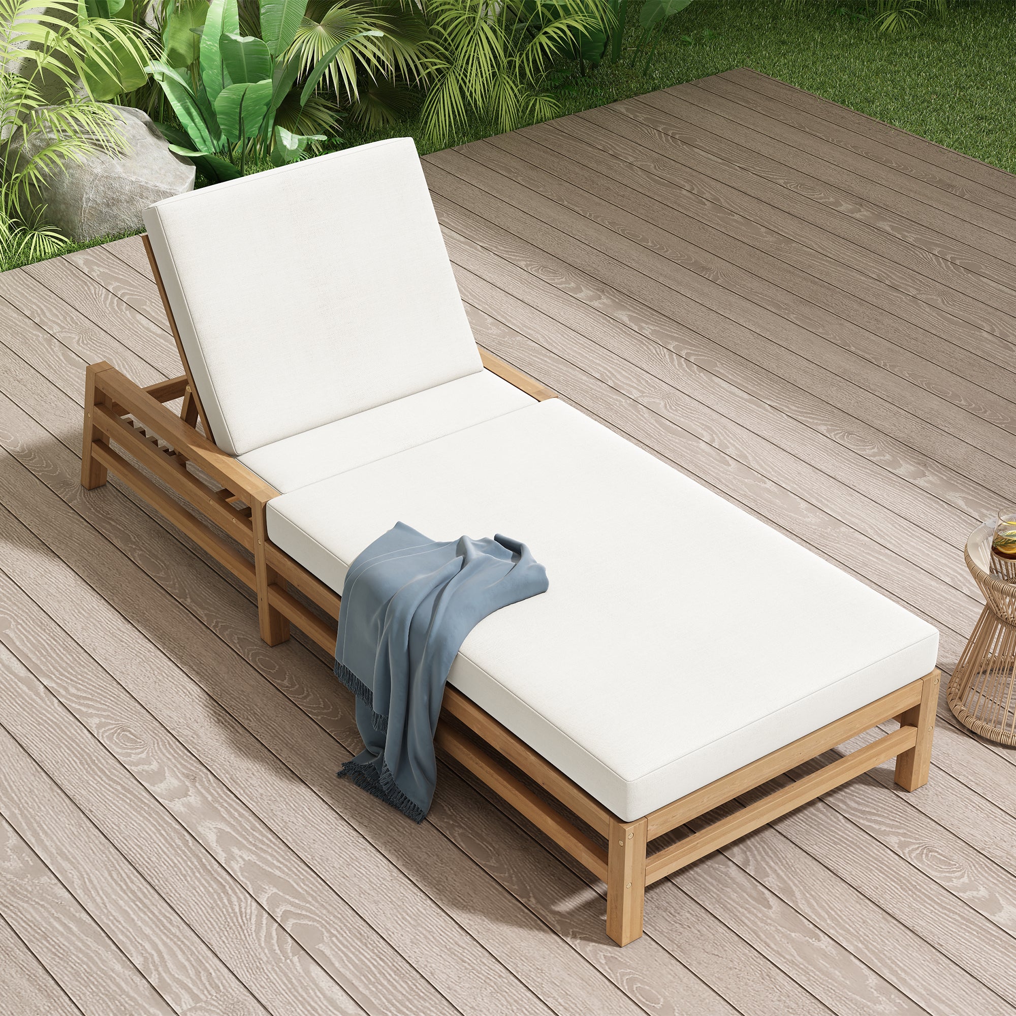 Adjustable Acacia Wood Outdoor Lounge Chair with Cushion