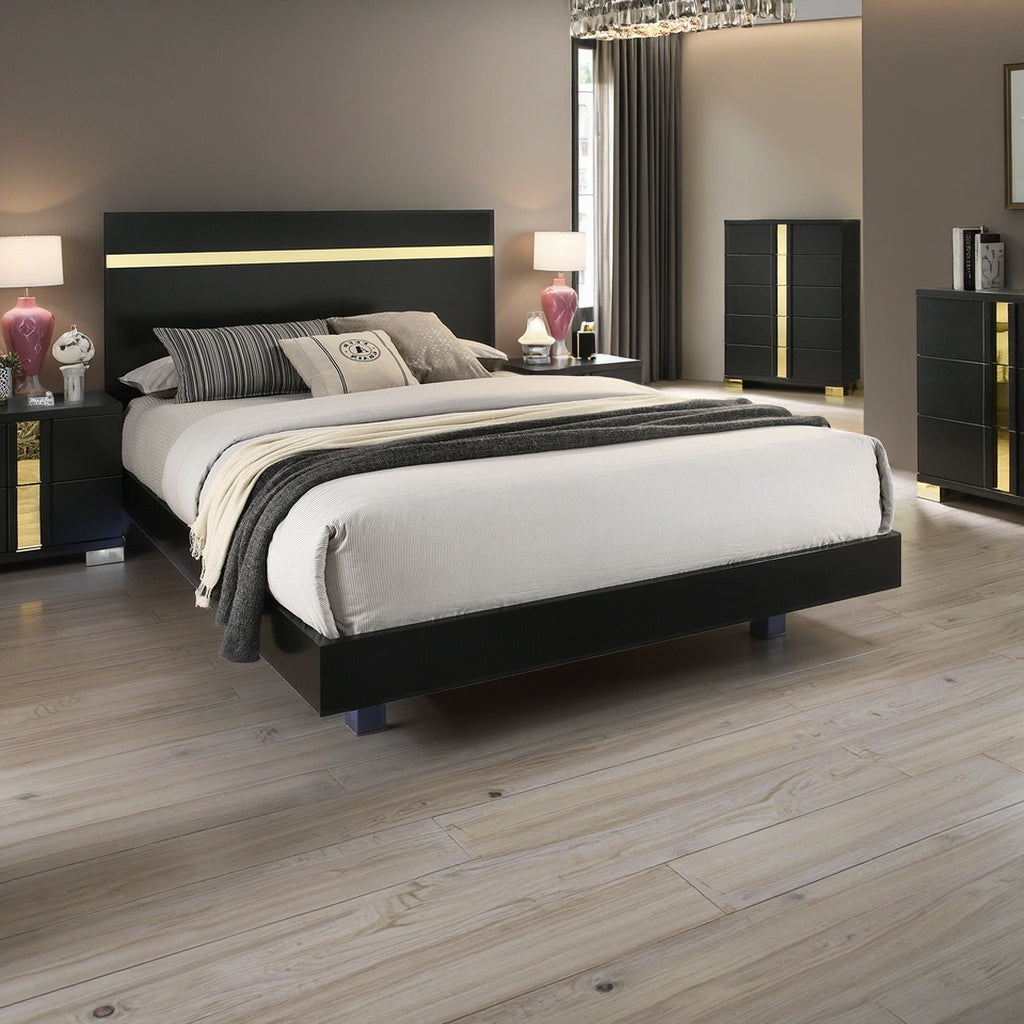 Black & Gold Contemporary King Bedroom Set with LED Bed