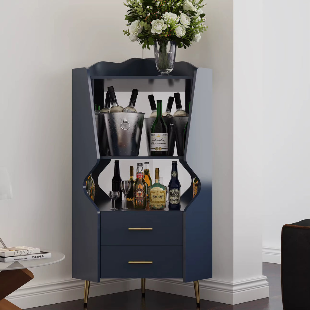 Modern Corner Bar Cabinet with Shelves & Storage Drawers
