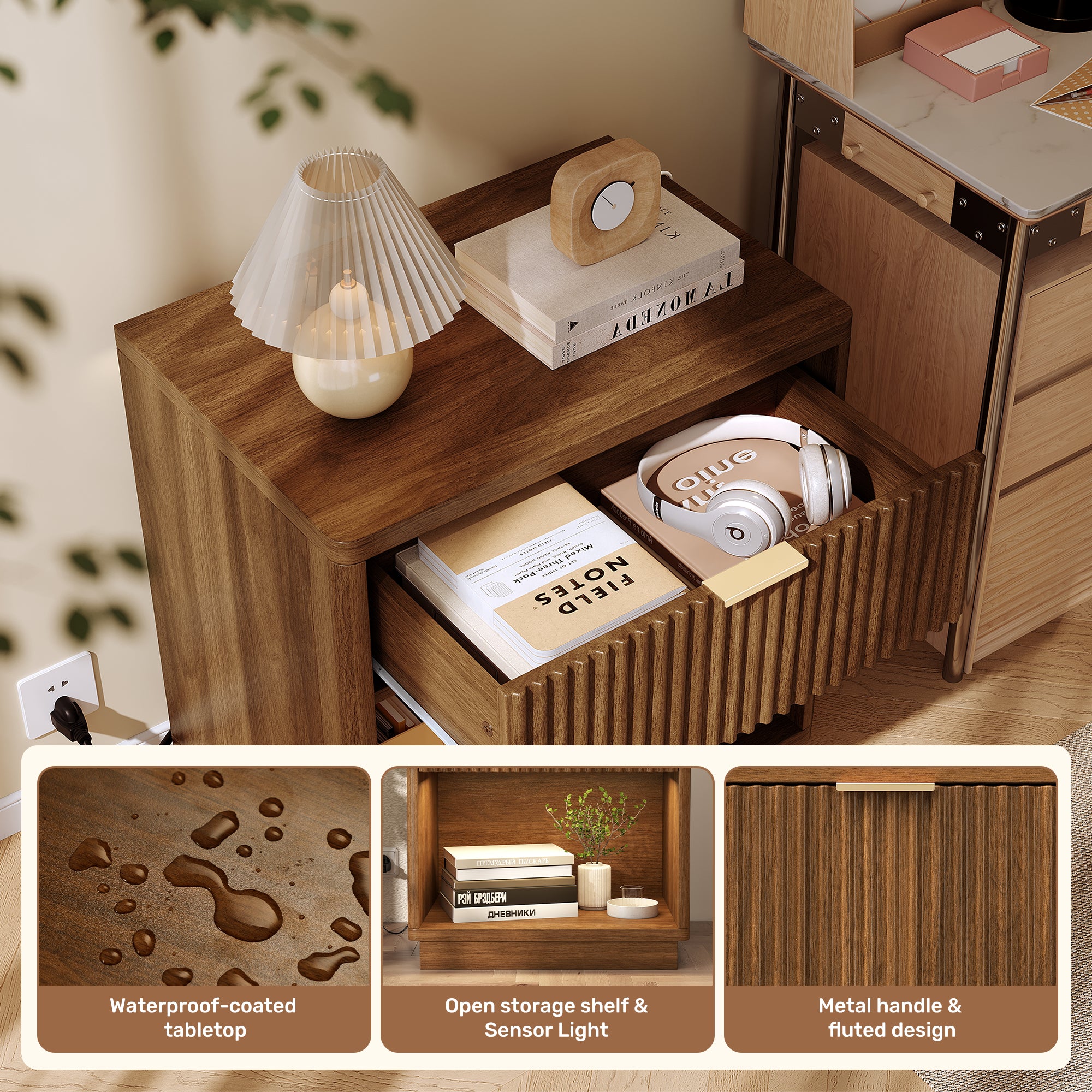 2 Fluted Wooden Nightstand with Sensor LED Light & Charging Station