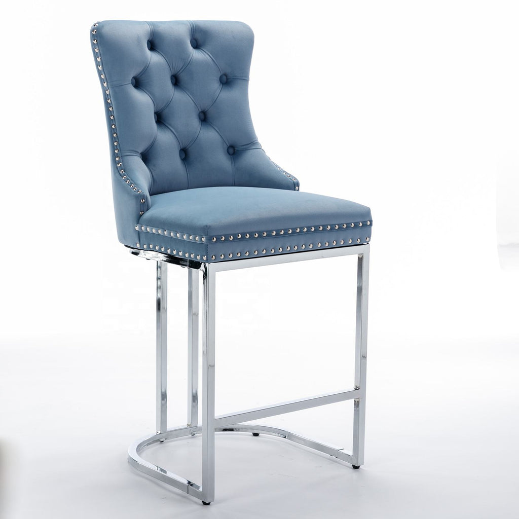 Velvet Counter Height Bar Stools (Set of 2) – Tufted Dining Chairs in White