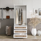 Modern White Solid Wood Wardrobe Cabinet with Drawer and Hanging Rod