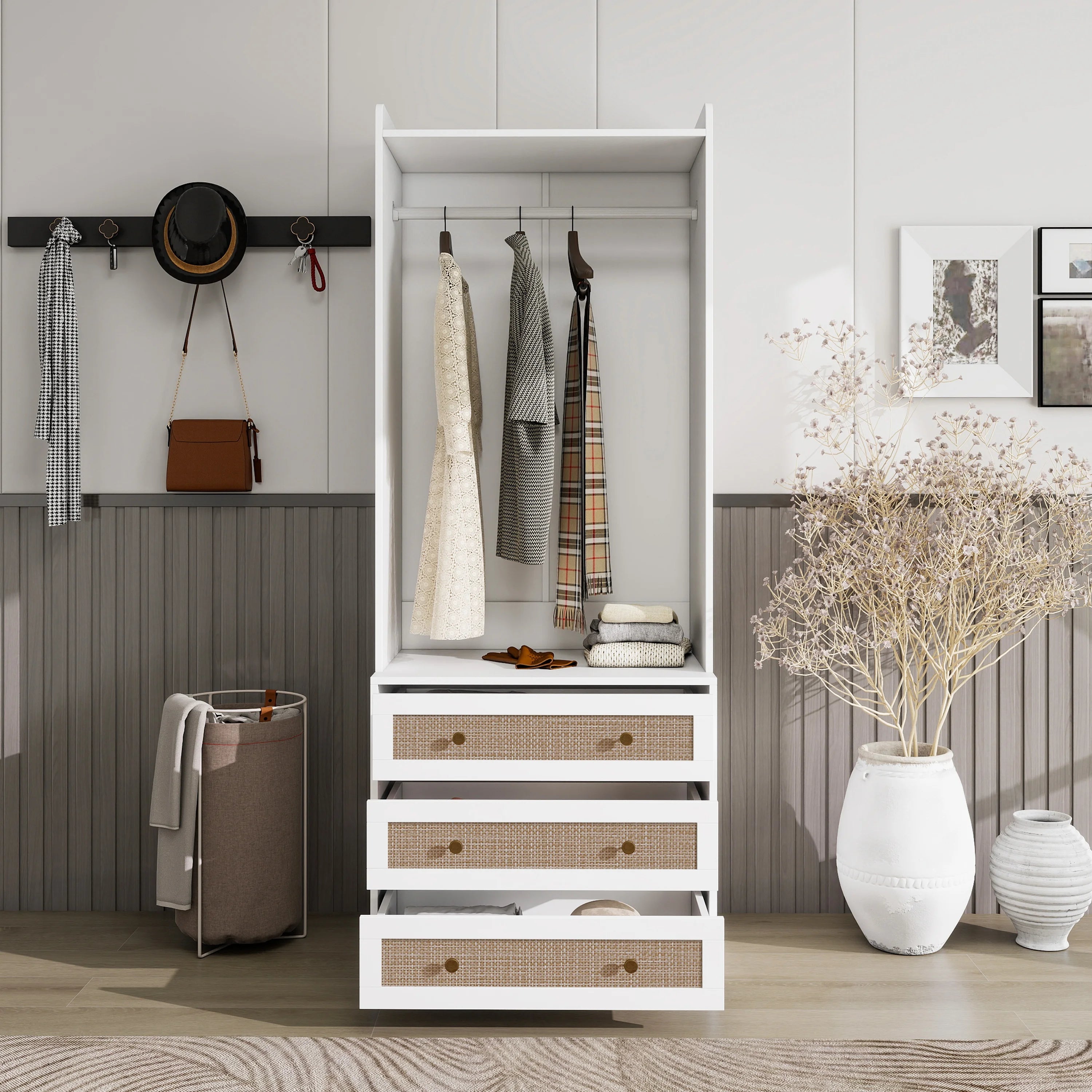 Modern White Solid Wood Wardrobe Cabinet with Drawer and Hanging Rod