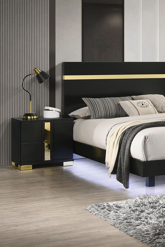 Black & Gold Contemporary King Bedroom Set with LED Bed