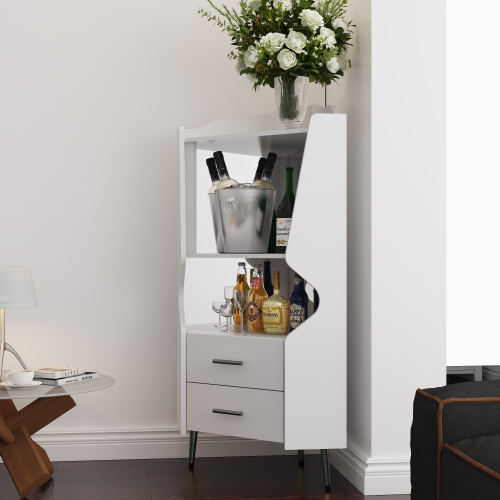 Modern Corner Bar Cabinet with Shelves & Storage Drawers