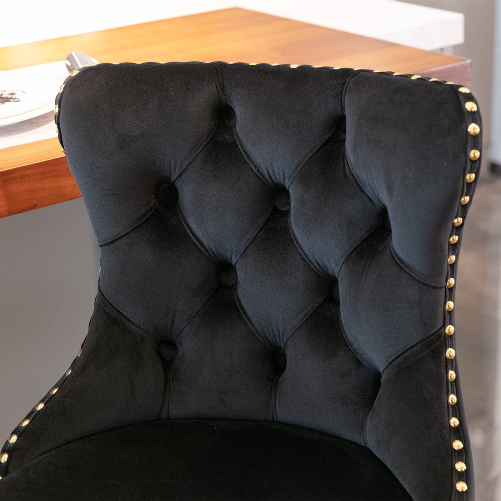 Black Velvet Bar Stools (Set of 2) – Tufted Chairs with Gold Base