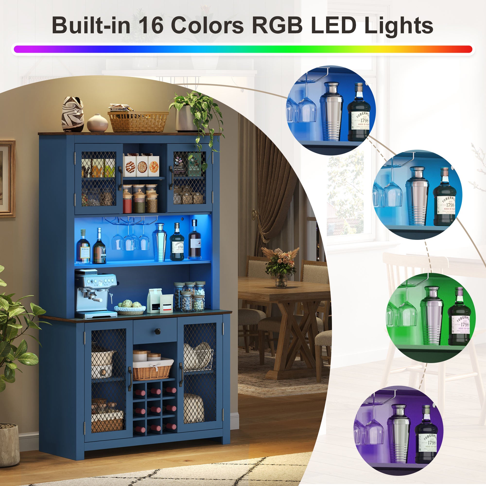 Kitchen Pantry Cabinet with Shelves & LED Lights – Rustic Storage Hutch (Blue)