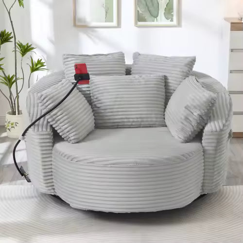 360° Swivel Corduroy Barrel Chair with Phone Holder & 5 Pillows
