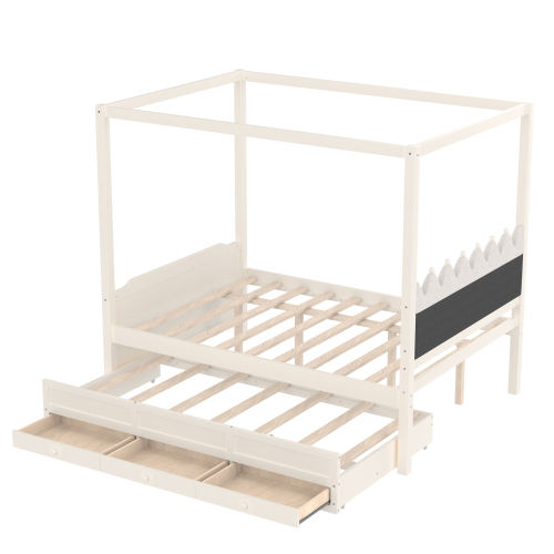 Twin Princess Canopy Bed Frame with Trundle & Storage Drawers