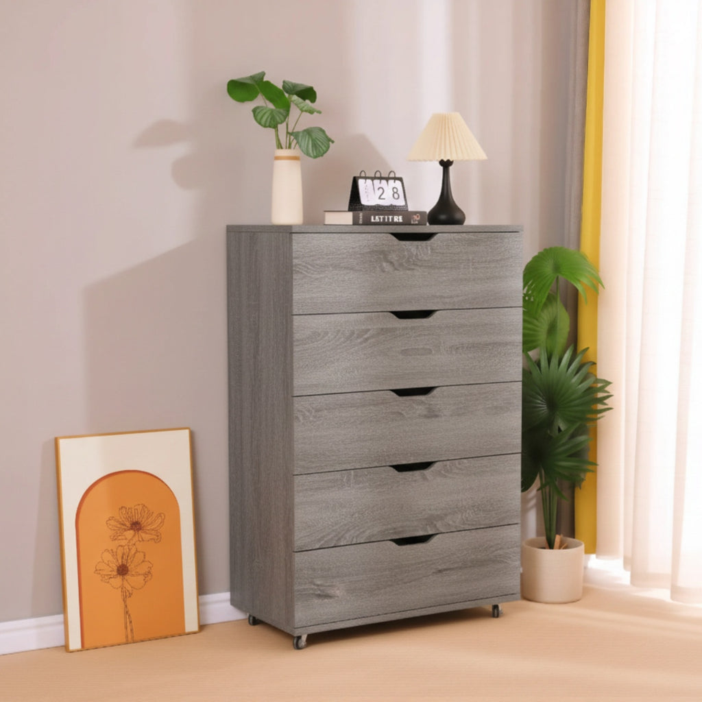 Modern Gray 5-Drawer Dresser with Wheels – Space Saving Storage
