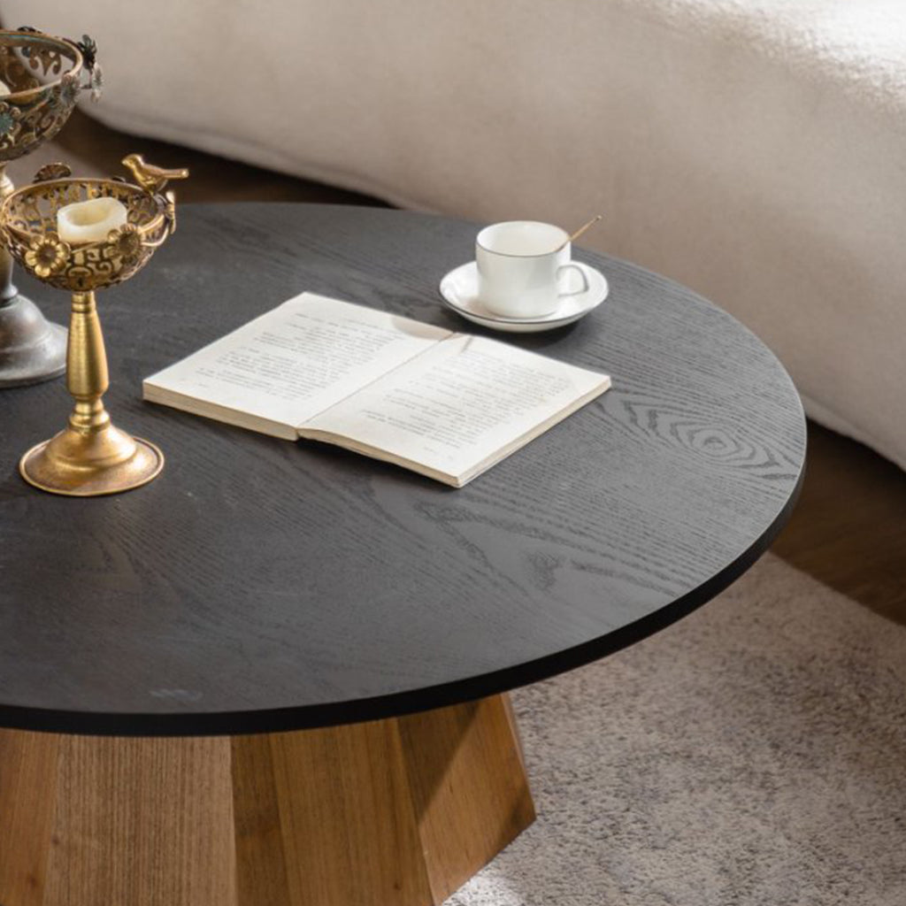 Round Pedestal Coffee Table with Dark Wood Top – 35” Contemporary Living Room Table