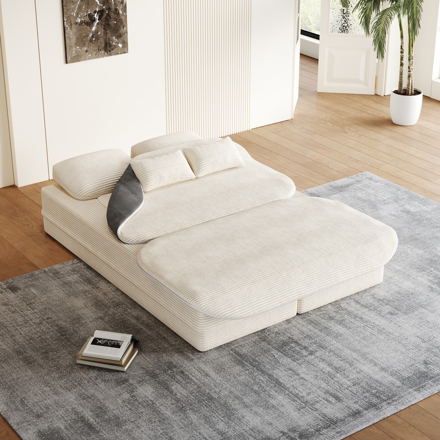 2-in-1 Foldable Corner Sofa Bed – Modern Corduroy Modular Convertible Lounge