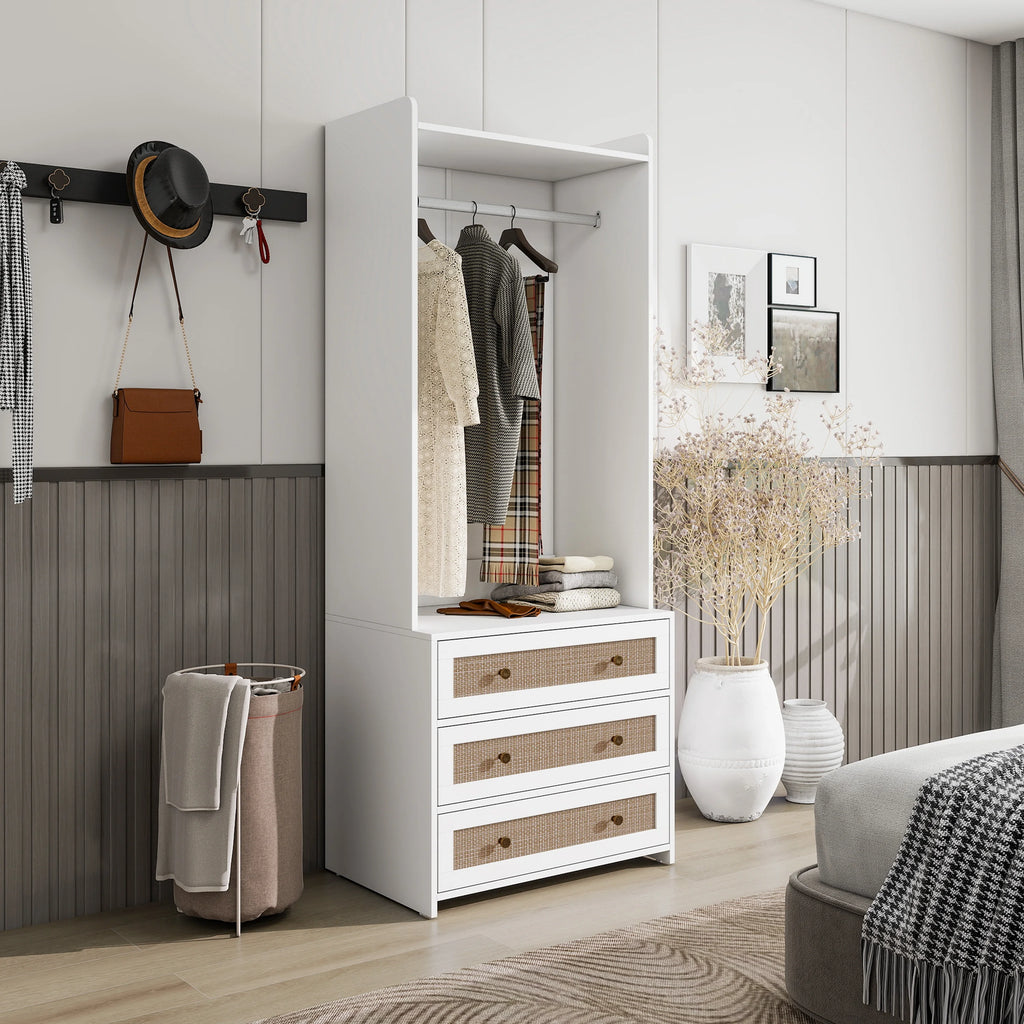 Modern White Solid Wood Wardrobe Cabinet with Drawer and Hanging Rod