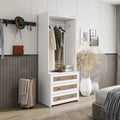 Modern White Solid Wood Wardrobe Cabinet with Drawer and Hanging Rod