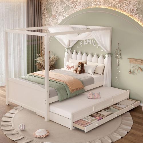 Twin Princess Canopy Bed Frame with Trundle & Storage Drawers