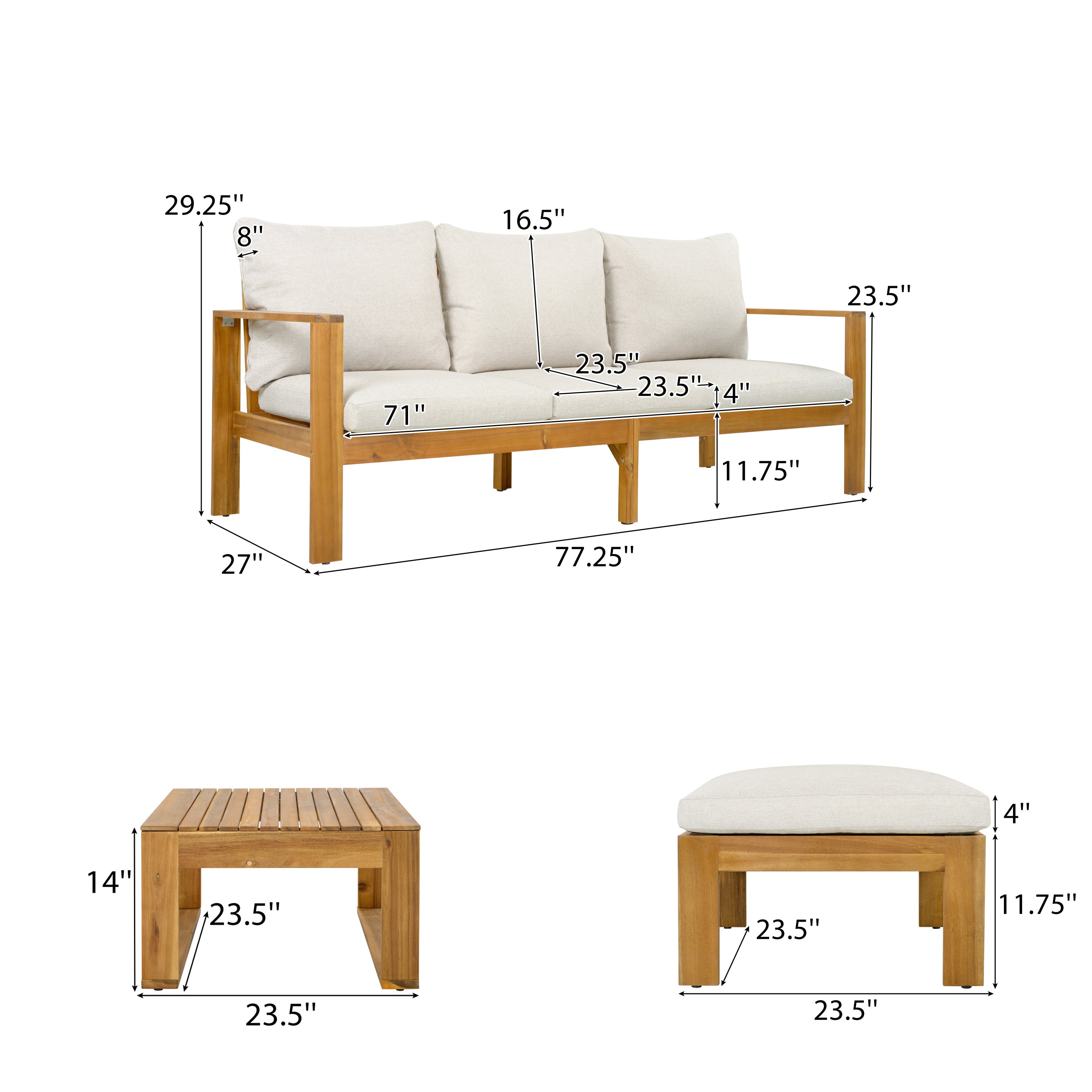 Modern Acacia Wood Outdoor Patio Sofa Set – 3 Piece Lounge Set