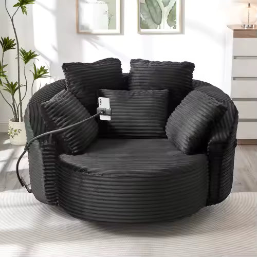 360° Swivel Corduroy Barrel Chair with Phone Holder & 5 Pillows
