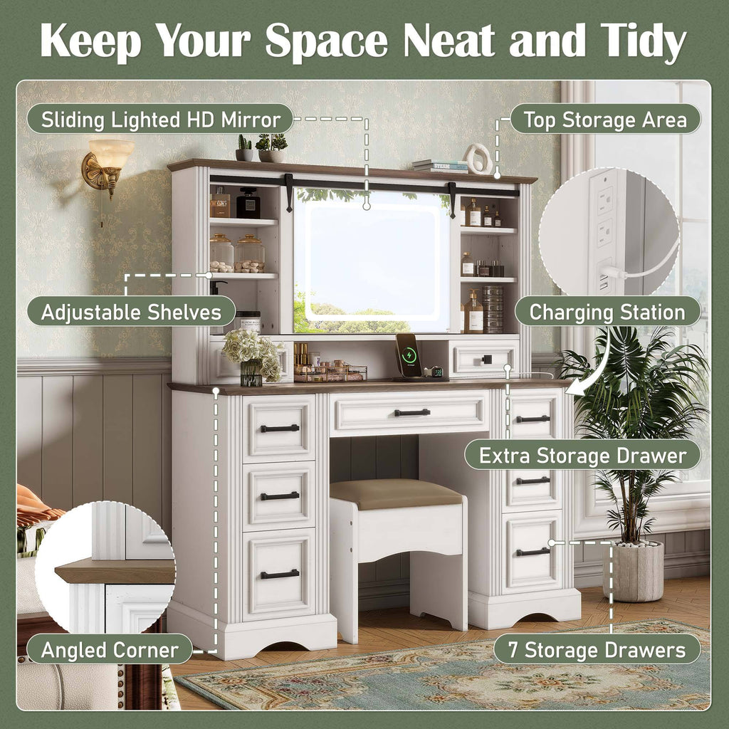 Vanity Desk with LED Mirror, Storage Drawers & Matching Stool